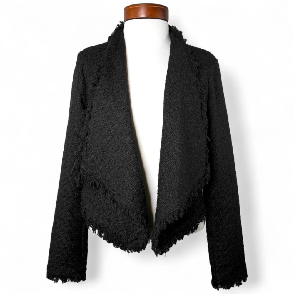 BLANKNYC Black Bouclé Fringe Open Front Jacket Size S‎ Textured Chic Old Money